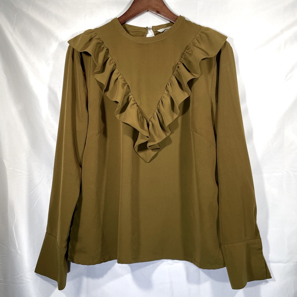 H&M Green Ruffled Bib Collar Blouse